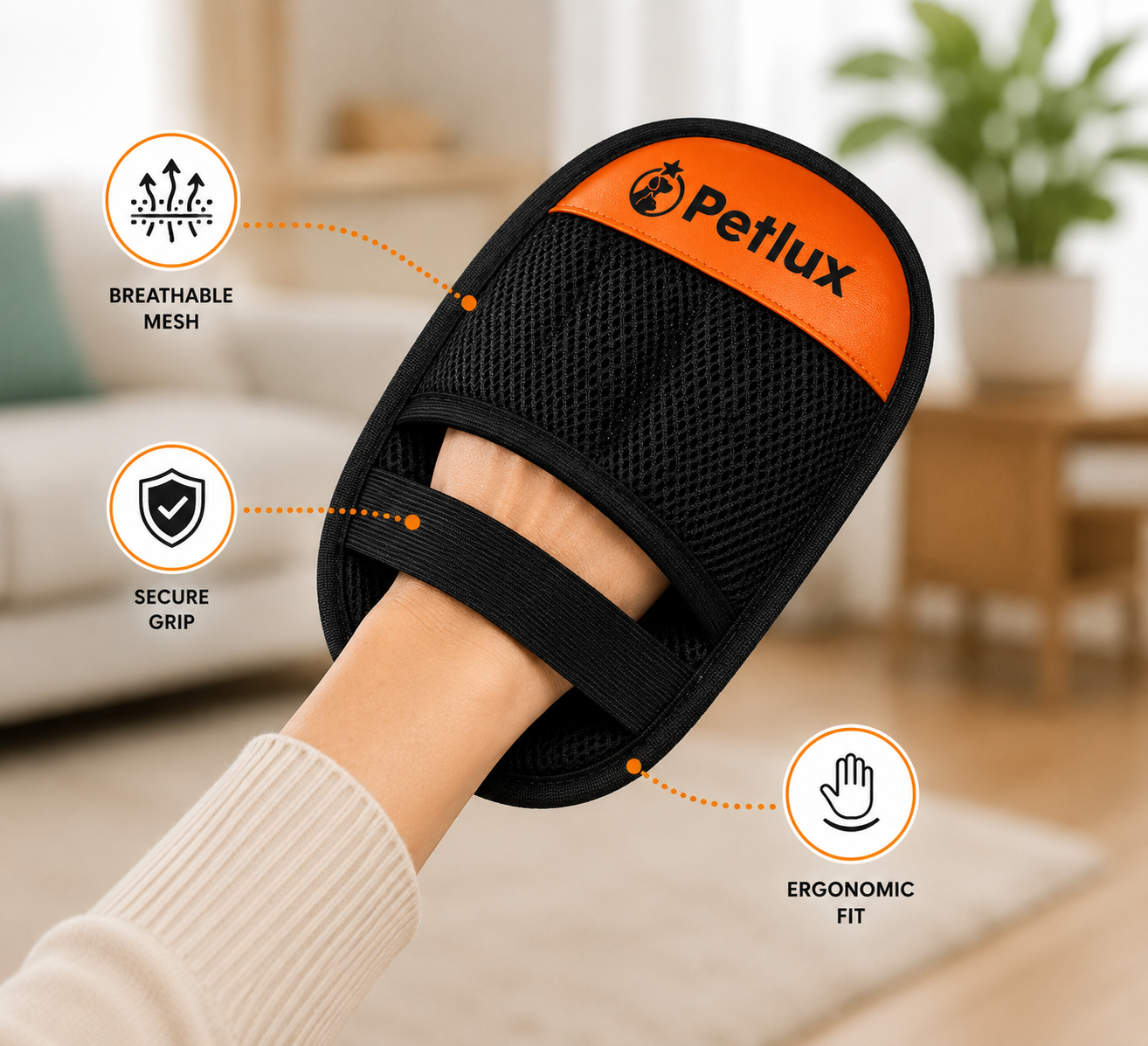 Petlux Hair Removal Glove worn on a hand, showing breathable mesh, secure grip and ergonomic fit