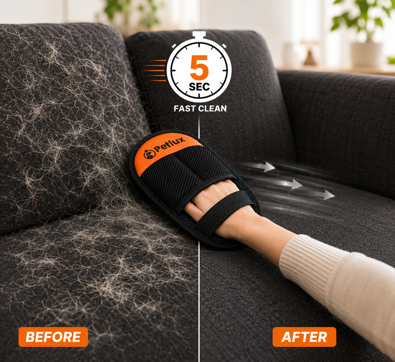 Before and after: a sofa covered in pet hair on the left, completely clean after using the Petlux glove on the right — 5 second fast clean
