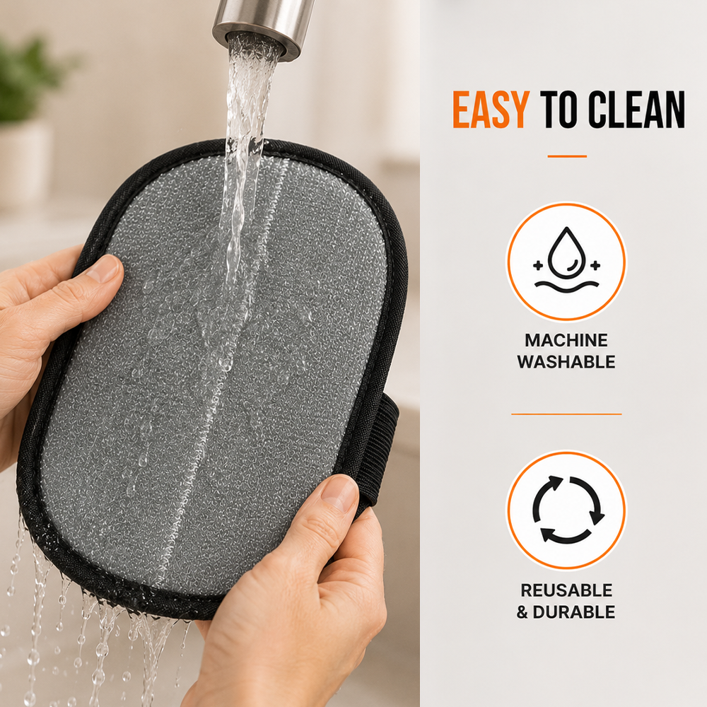 Petlux glove being rinsed under a tap — easy to clean, machine washable, reusable and durable