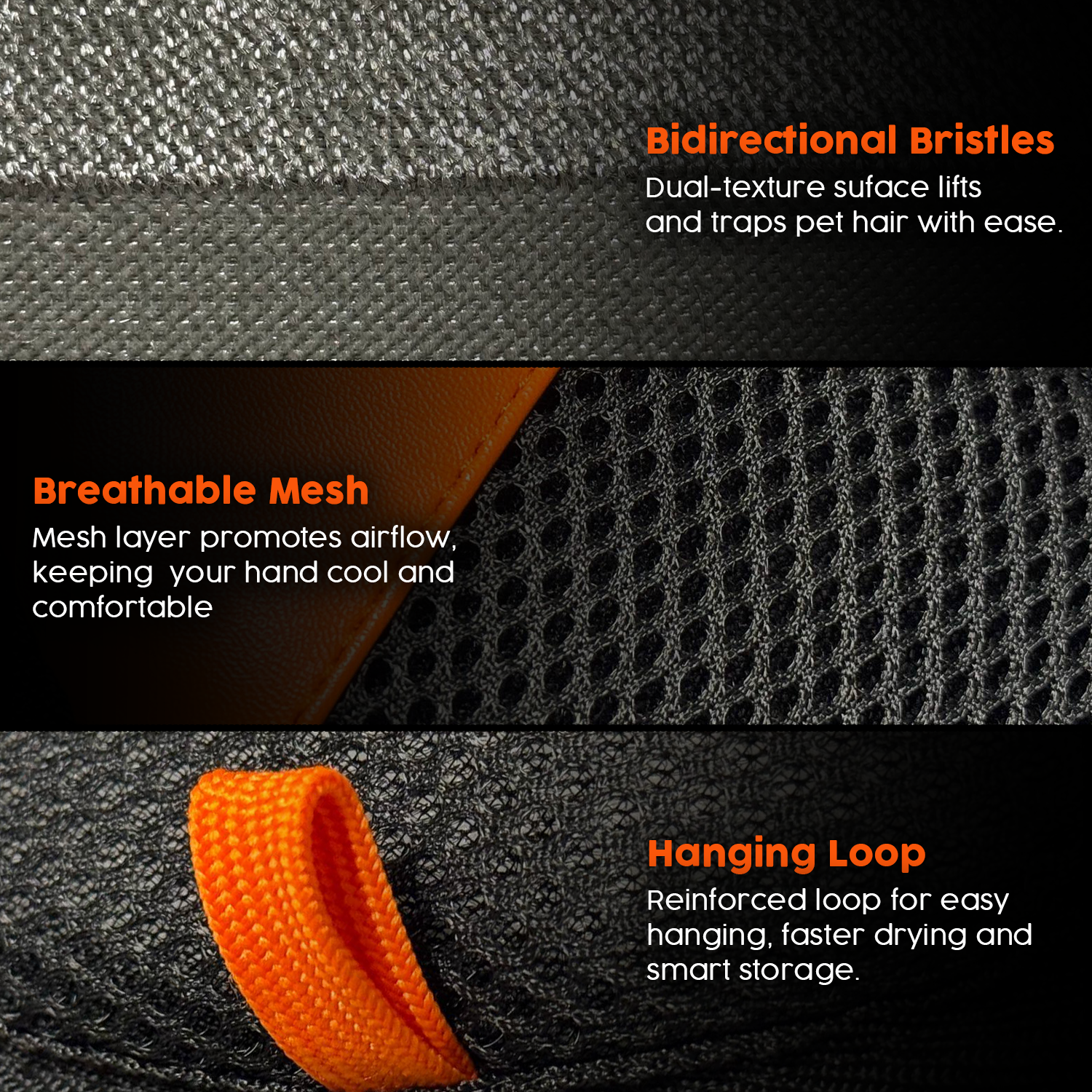 Close-up of the Petlux glove materials: bidirectional bristles, breathable mesh and reinforced orange hanging loop